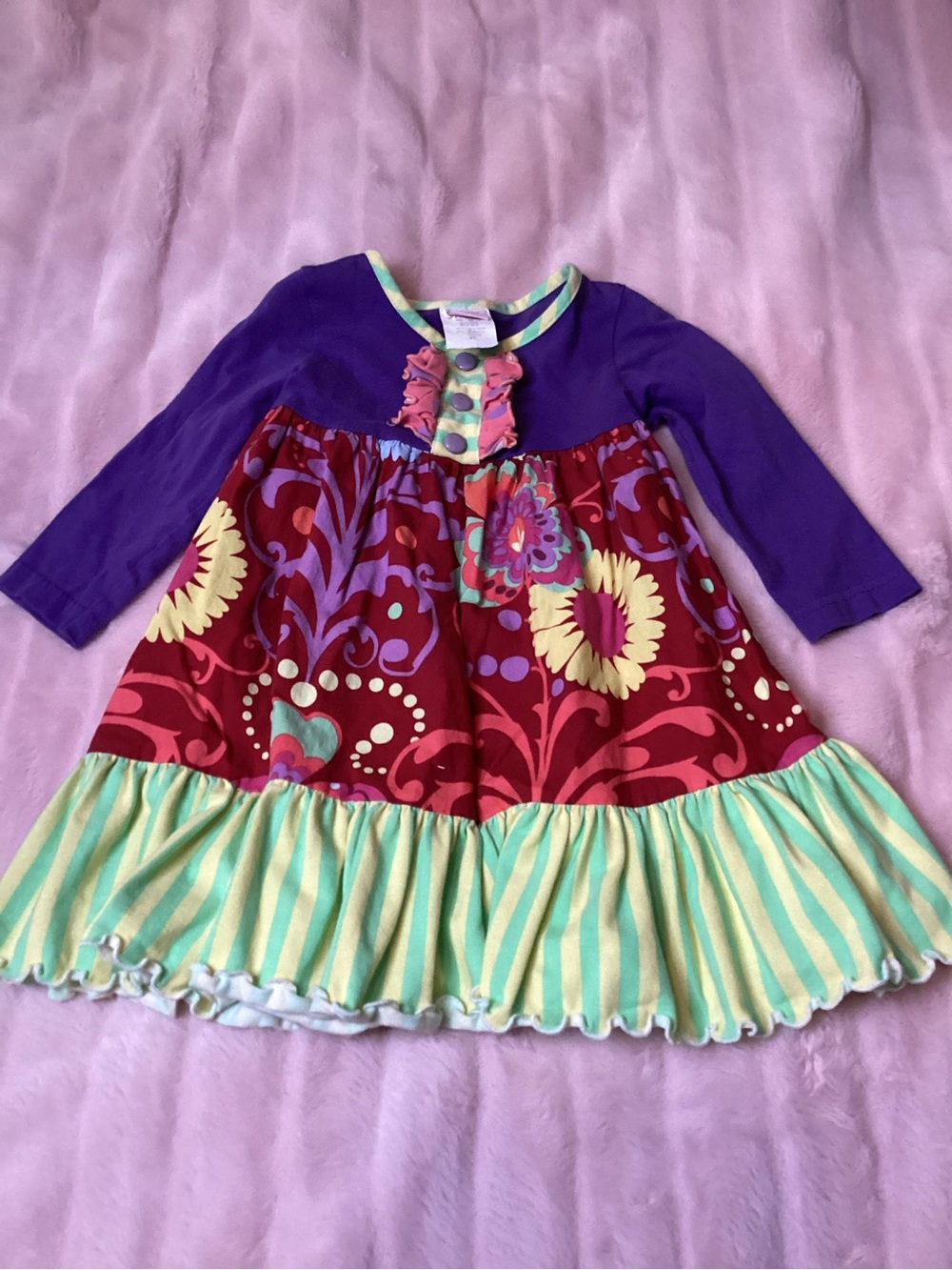Girls Purple and Red Floral Tiered Dress/Tunic Top with Mint Striped Trim